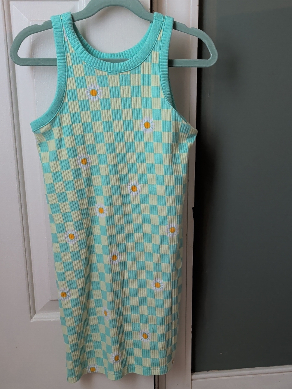 Aqua Checkered Tank Dress with Daisy Accents